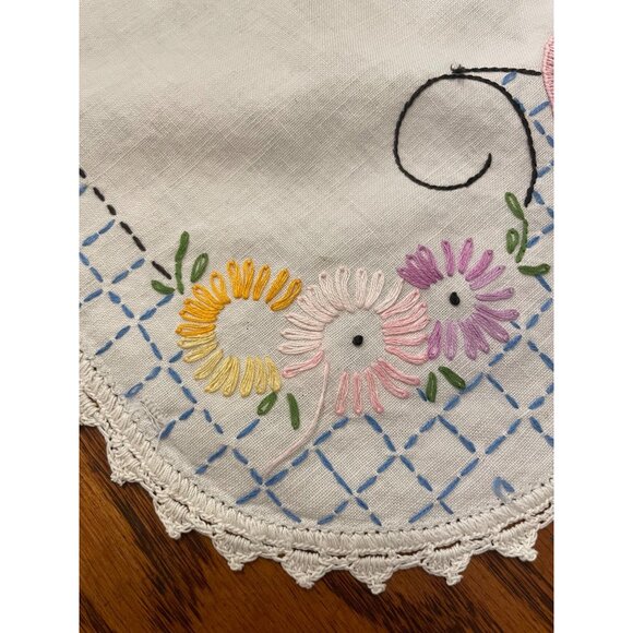 Vtg Embroidered Floral Table Runner With Pink Flower Lace Trim 40" X 15.5" - Picture 11 of 16